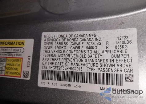 2024 Honda Civic Sport z USA, uszkodzony, nr VIN 2HGFE2F58RH531015